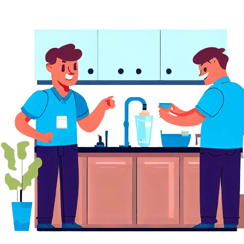 drawing showing a technician educate customer about the water issues