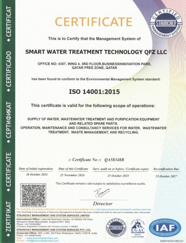 ISO 14001 certificate for smart water treatment technology